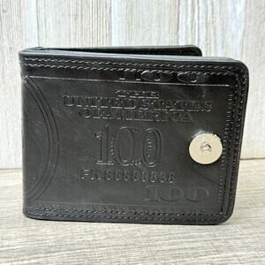 New‎ Black $100 Bill Embossed Faux Leather Bifold Wallet Snap Closure ID Window